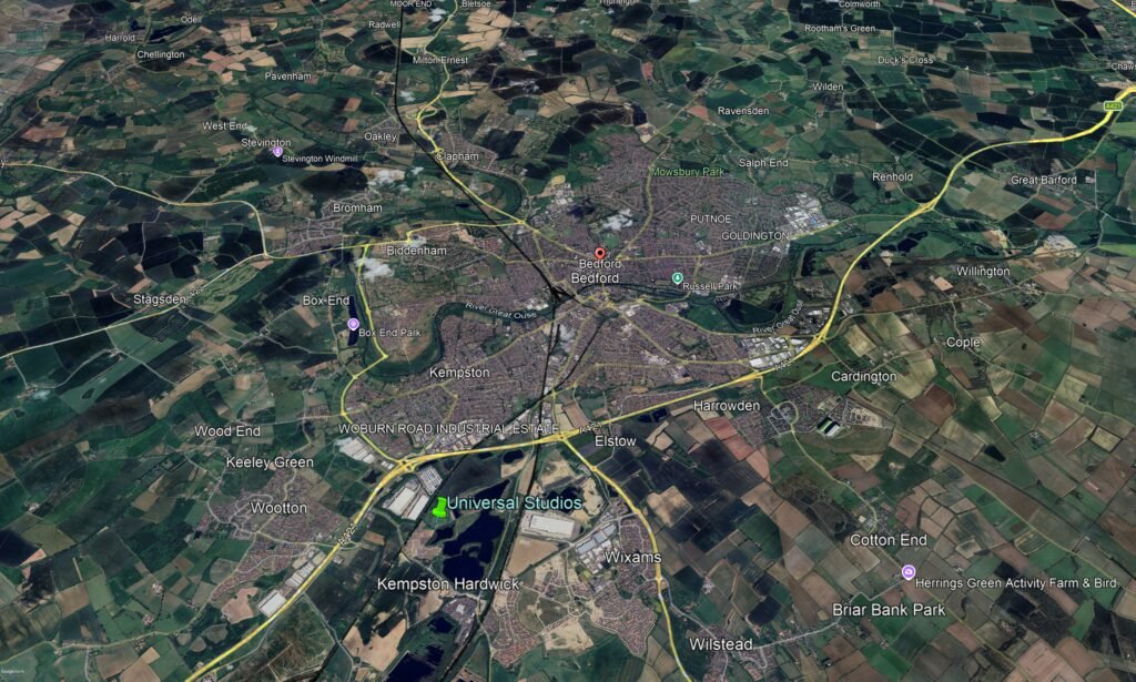 Aerial view of Bedford and Kempston Hardwicks - the location for Universal Studios UK.