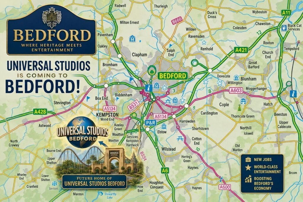 Universal Studios will be located in Kempston Hardwick, south of Bedford centre, UK.