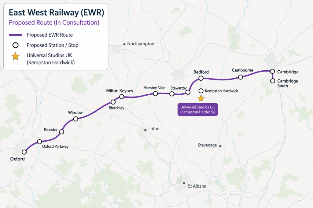 Proposed East West Rail line between Cambridge and Oxford, passing through Bedford and the Universal Studios Resort.